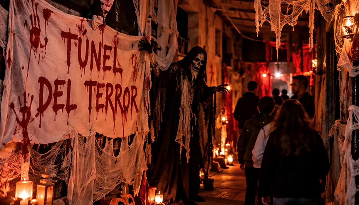 Recreación ilustrativa de un túnel del terror decorado para Halloween en Medina Sidonia