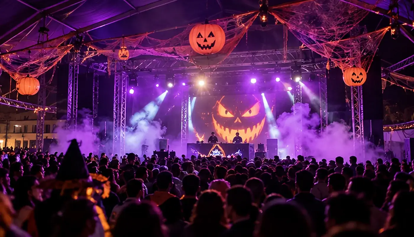 Recreación fotográfica de una fiesta musical de Halloween con DJ y público