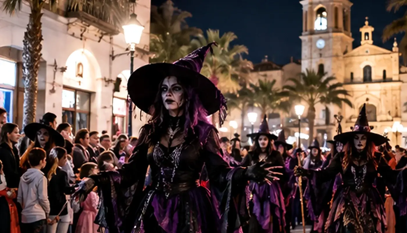 Recreación ilustrativa de un desfile de disfraces y brujas por una calle de Chiclana
