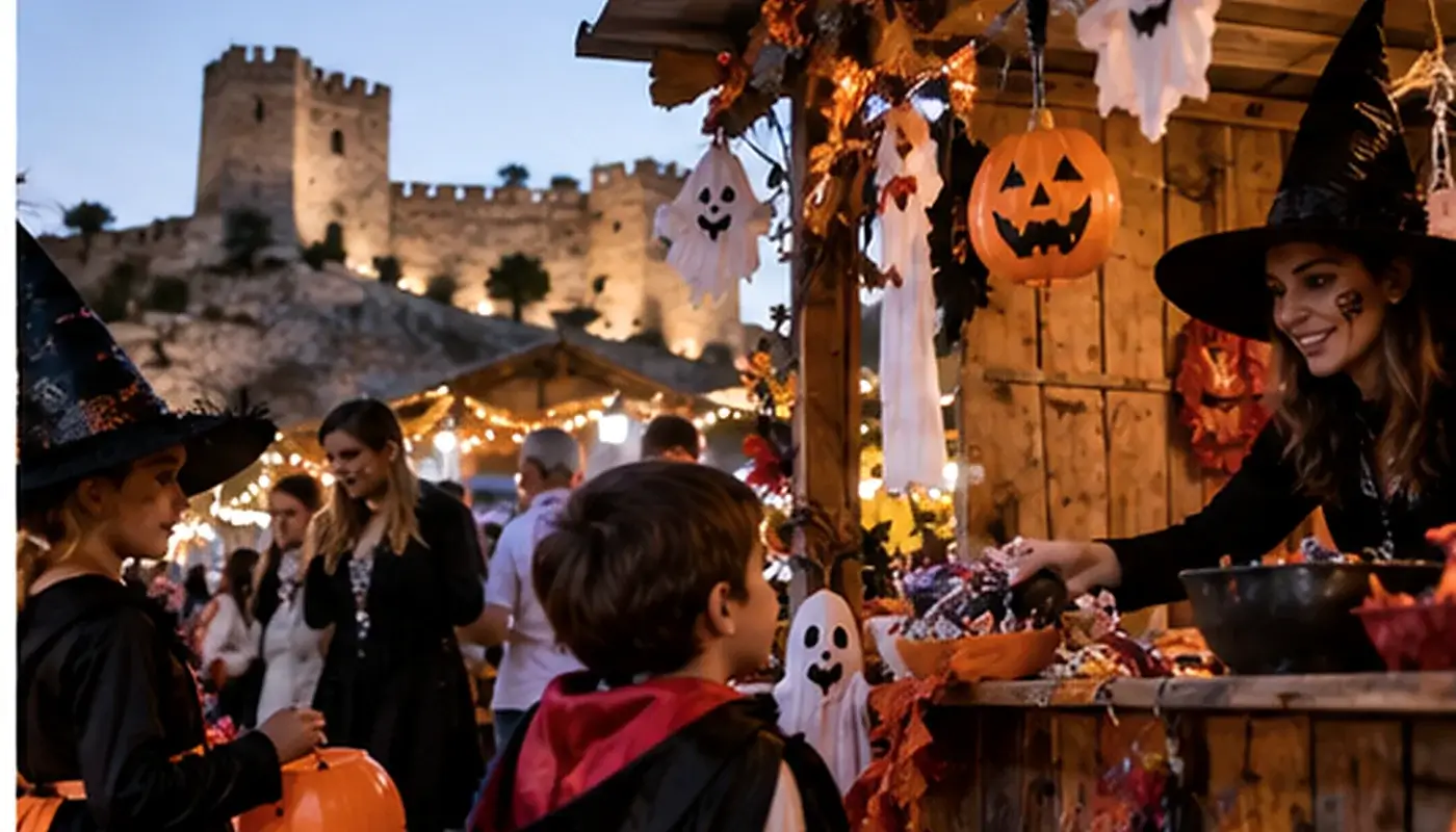 Recreación de un pueblo de Halloween con niños disfrazados y decoración de truco o trato