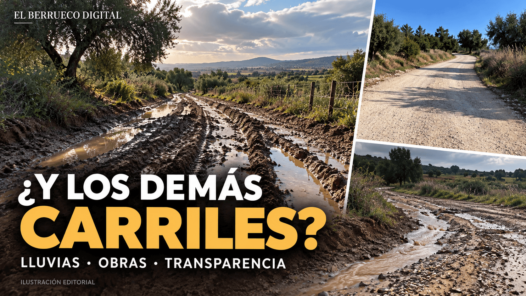 Ilustración editorial sobre caminos embarrados y accesos rurales ante las lluvias en El Berrueco