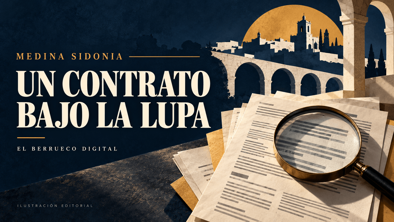 Ilustración editorial de una lupa sobre documentos, con el texto «Medina Sidonia: un contrato bajo la lupa».