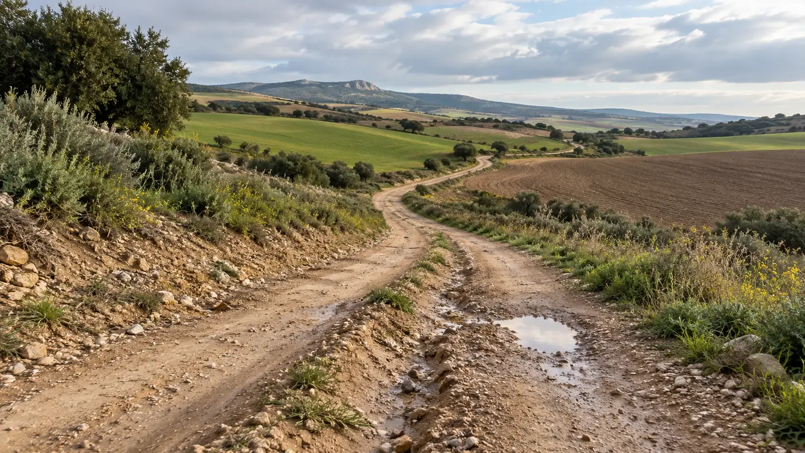 Camino de tierra con surcos de lluvia entre campos y vegetación mediterránea