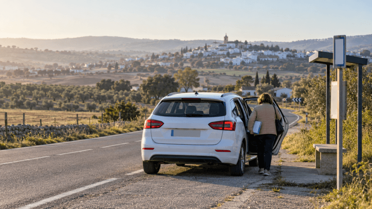 Vehículo de transporte a demanda en una carretera rural de Medina Sidonia