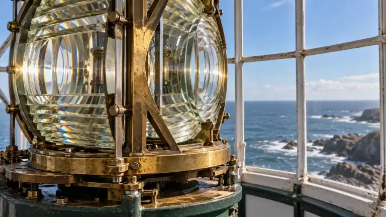 Lente de un faro con montura metálica y el mar al fondo
