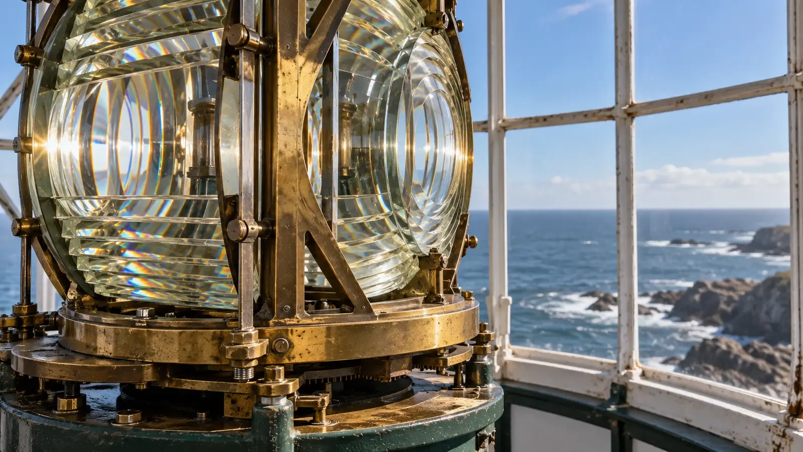 Lente de un faro con montura metálica y el mar al fondo