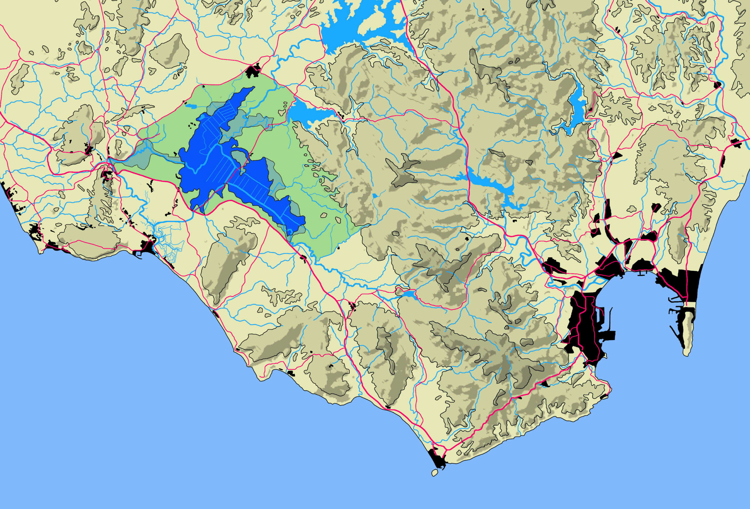 Mapa de la situación aproximada de la laguna de La Janda antes de su desecación