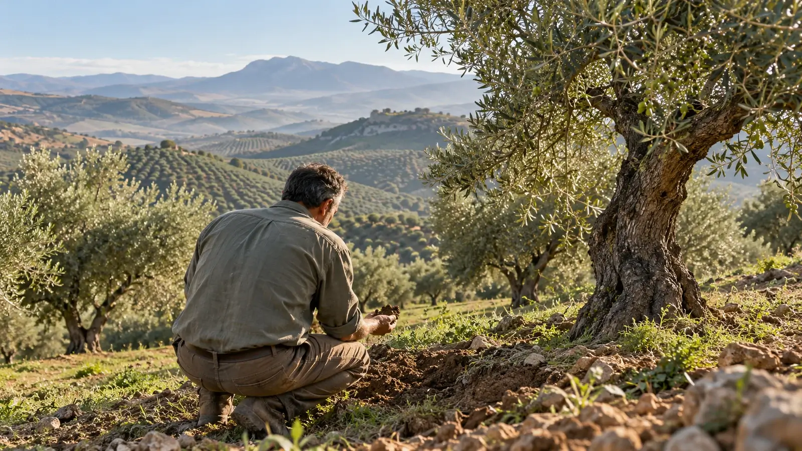 Agricultor de espaldas revisando la tierra junto a un olivo en una campiña ondulada