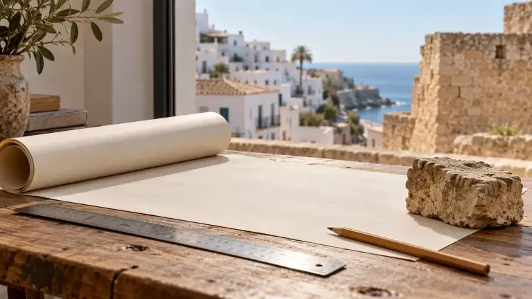 Planos enrollados, regla y piedra sobre una mesa ante un entorno de edificios blancos