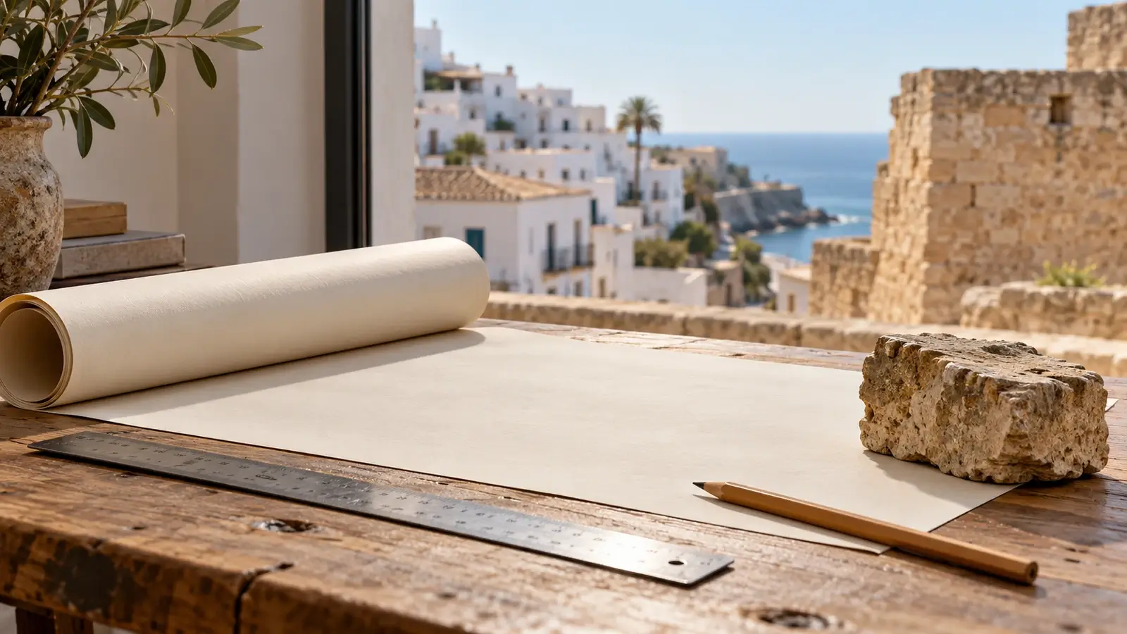 Planos enrollados, regla y piedra sobre una mesa ante un entorno de edificios blancos