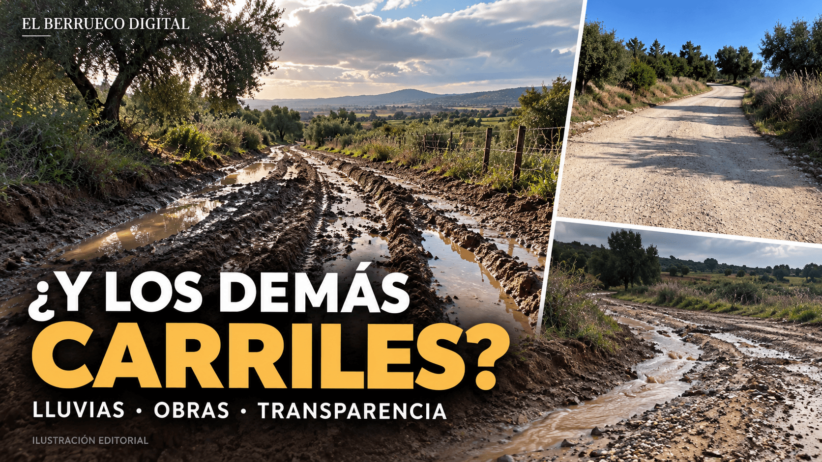 Ilustración editorial sobre caminos embarrados y accesos rurales ante las lluvias en El Berrueco